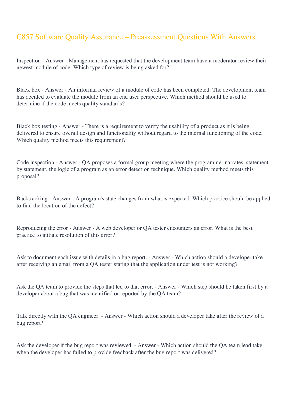 Preview of C857 Software Quality Assurance – Preassessment Questions With Answers